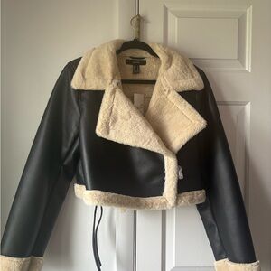 Forever 21 Black and Cream Leather Jacket with Sherpa Lining NWT